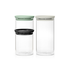 Load image into Gallery viewer, Brabantia Stackable Glass Jars Set of 3 - 0.3, 0.6 & 1.1L, Different Color Lids