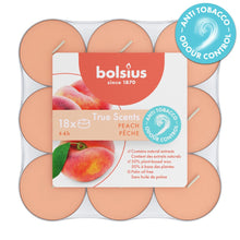 Load image into Gallery viewer, Bolsius True Scents Anti-Tobacco Tealight Candles, Peach - Pack of 18, top view.