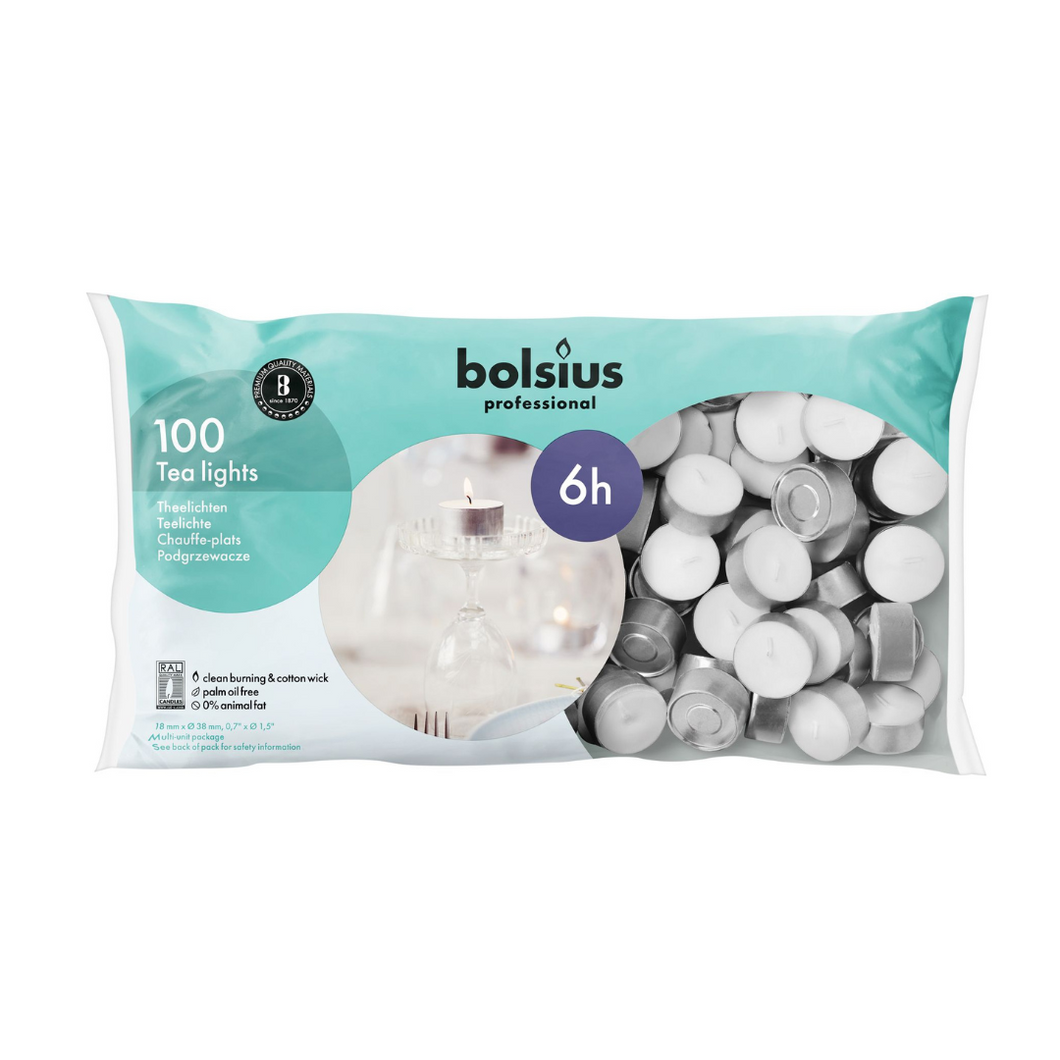 Bolsius Professional Bag of 100 Tealight Candles, 6-hour Burn Time