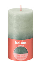 Load image into Gallery viewer, Bolsius Sunset Rustics Medium Pillar Candle, Foggy Green + Oxid Blue - 130/68mm with label.