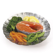 Load image into Gallery viewer, OXO Good Grips Pop-Up Steamer with Extendable Handle - Stainless Steel, 28cm, wide open.