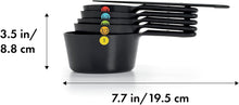 Load image into Gallery viewer, OXO Good Grips Set of 5 Measuring Cups + Scraper - Black, with dimensions.