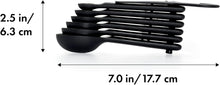 Load image into Gallery viewer, OXO Good Grips Set of 6 Measuring Spoons + Scraper - Black, with dimensions.
