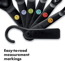 Load image into Gallery viewer, OXO Good Grips Set of 6 Measuring Spoons + Scraper - Black, with hook.