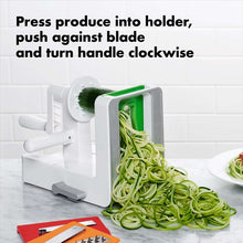 Load image into Gallery viewer, OXO Good Grips Tabletop Spiralizer - White, how to use.