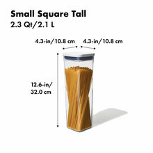 Load image into Gallery viewer, OXO Good Grips Pop Container - Small Square Tall, 2.1 Liters, with dimensions.