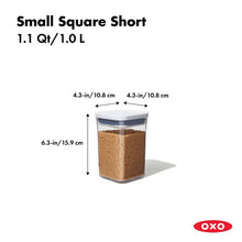 Load image into Gallery viewer, OXO Good Grips Pop Container - Small Square Short, 1040ml, with dimensions.