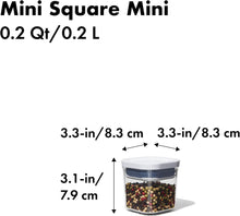 Load image into Gallery viewer, OXO Good Grips Pop Container - Mini Square Mini - 190ml, with dimensions.