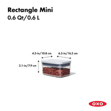 Load image into Gallery viewer, OXO Good Grips Pop Container - Rectangular Mini, 560ml, with dimensions.