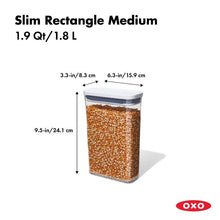 Load image into Gallery viewer, OXO Good Grips Pop Container - Slim Rectangular Medium, 1800ml, with dimensions.