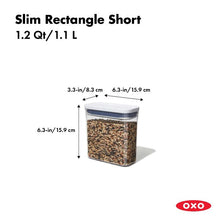 Load image into Gallery viewer, OXO Good Grips Pop Container - Slim Rectangular Short, 1135ml, with dimensions.