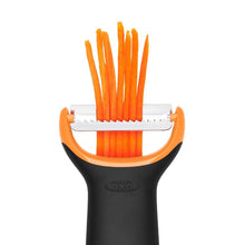 Load image into Gallery viewer, OXO Julienne Prep Y-Peeler - Black/ Orange, sample result.
