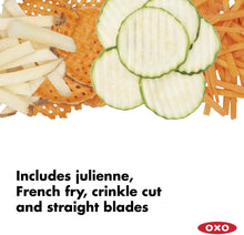 Load image into Gallery viewer, OXO Good Grips Chef's Mandoline 2.0 - Metric System, different cuts.