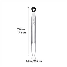 Load image into Gallery viewer, OXO Good Grips Mini Tongs - Stainless Steel, with dimensions.