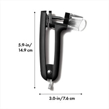 Load image into Gallery viewer, OXO Good Grips Olive & Cherry Pitter - Black, with dimensions.