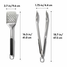 Load image into Gallery viewer, OXO Good Grips Grilling Turner & Tong Set - Stainless Steel, with dimensions.