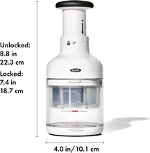 Load image into Gallery viewer, OXO Good Grips Vegetable Chopper - White, with dimensions.