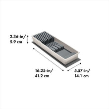 Load image into Gallery viewer, OXO Good Grips Compact Knife Drawer Organizer - 41.2 x 14.1 x 5.9cm, with dimensions.