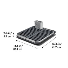 Load image into Gallery viewer, OXO Good Grips Aluminum Fold Flat Dish Rack, graphic with dimensions.