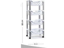 Load image into Gallery viewer, Plastic Forte 4-Tier Vegetable Rack with Wheels - White, with measurements.
