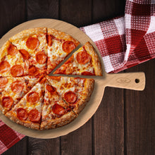 Load image into Gallery viewer, Lifestyle image of Gab Home Wooden Round Pizza Board with Handle - 30cm.
