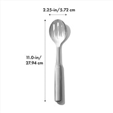Load image into Gallery viewer, OXO Good Grips Slotted Serving Spoon - Stainless Steel, with dimensions.