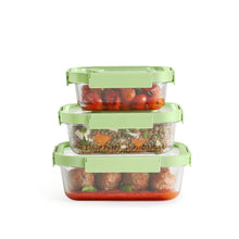 Load image into Gallery viewer, Lekue 100% Glass Leak Proof Rectangular Food Containers - Set of 3, Green (with Glass lids)