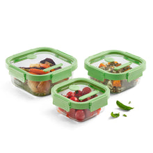 Load image into Gallery viewer, Lekue 100% Glass Leak Proof Square Food Containers - Set of 3, Green (with Glass lids)