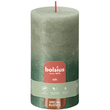 Load image into Gallery viewer, Bolsius Sunset Rustics Medium Pillar Candle, Fresh Olive+Matallic Green - 130/68mm with label.