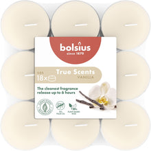 Load image into Gallery viewer, Bolsius True Scents Vanilla Tealight Candles, Scented - Pack of 18, 6-Hour Burn Time, Clear Cup, top view.