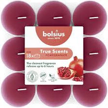 Load image into Gallery viewer, Bolsius True Scents Pomegranate Tealight Candles, Scented - Pack of 18, 6-Hour Burn Time, Clear Cup, top view.