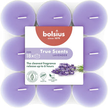 Load image into Gallery viewer, Bolsius True Scents Lavender Tealight Candles, Scented - Pack of 18, 6-Hour Burn Time, Clear Cup, top view.