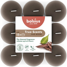 Load image into Gallery viewer, Bolsius True Scents Oud Wood Tealight Candles, Scented - Pack of 18, 6-Hour Burn Time, Clear Cup, top view.