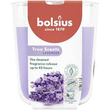 Load image into Gallery viewer, Bolsius True Scents Fragranced Candle in Glass - 97/85mm, Lavender, front view.