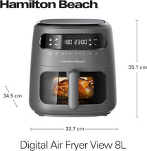 Load image into Gallery viewer, Hamilton Beach Digital Air Fryer View 8L, Large viewing window with dimensions.