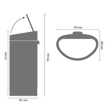 Load image into Gallery viewer, Brabantia Flatback Touch Bin - 40 Liters, Matt Steel, graphic with dimensions.