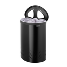 Load image into Gallery viewer, Brabantia Laundry Bin with Inner Removable Bag - 55 Liters, Selector - Matt Black, side view with open lid.