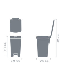 Load image into Gallery viewer, Graphic that includes dimensions of Brabantia StepUp Pedal Bin from Recycled Plastic - 16 Liters, Jade Green.