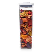 Load image into Gallery viewer, OXO Good Grips Pop Container - Small Square Tall, 2.1 Liters, filled with chips.