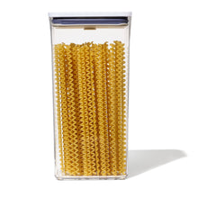 Load image into Gallery viewer, OXO Good Grips Pop Container - Rectangular Tall, 3.5Liters, filled with pasta, side view.