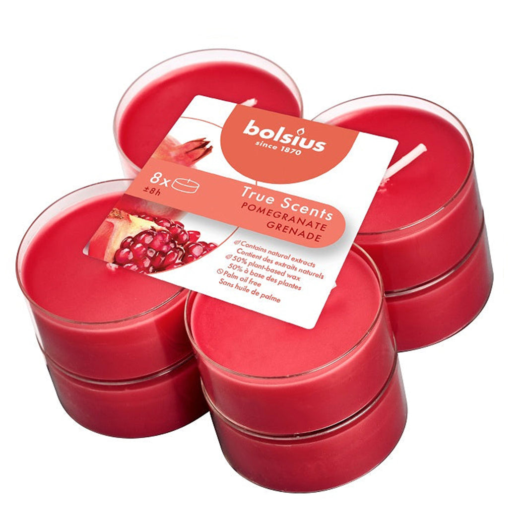 Bolsius True Scents Pomegranate Maxi-Light Candles with Clear Cups, Scented - Pack of 8