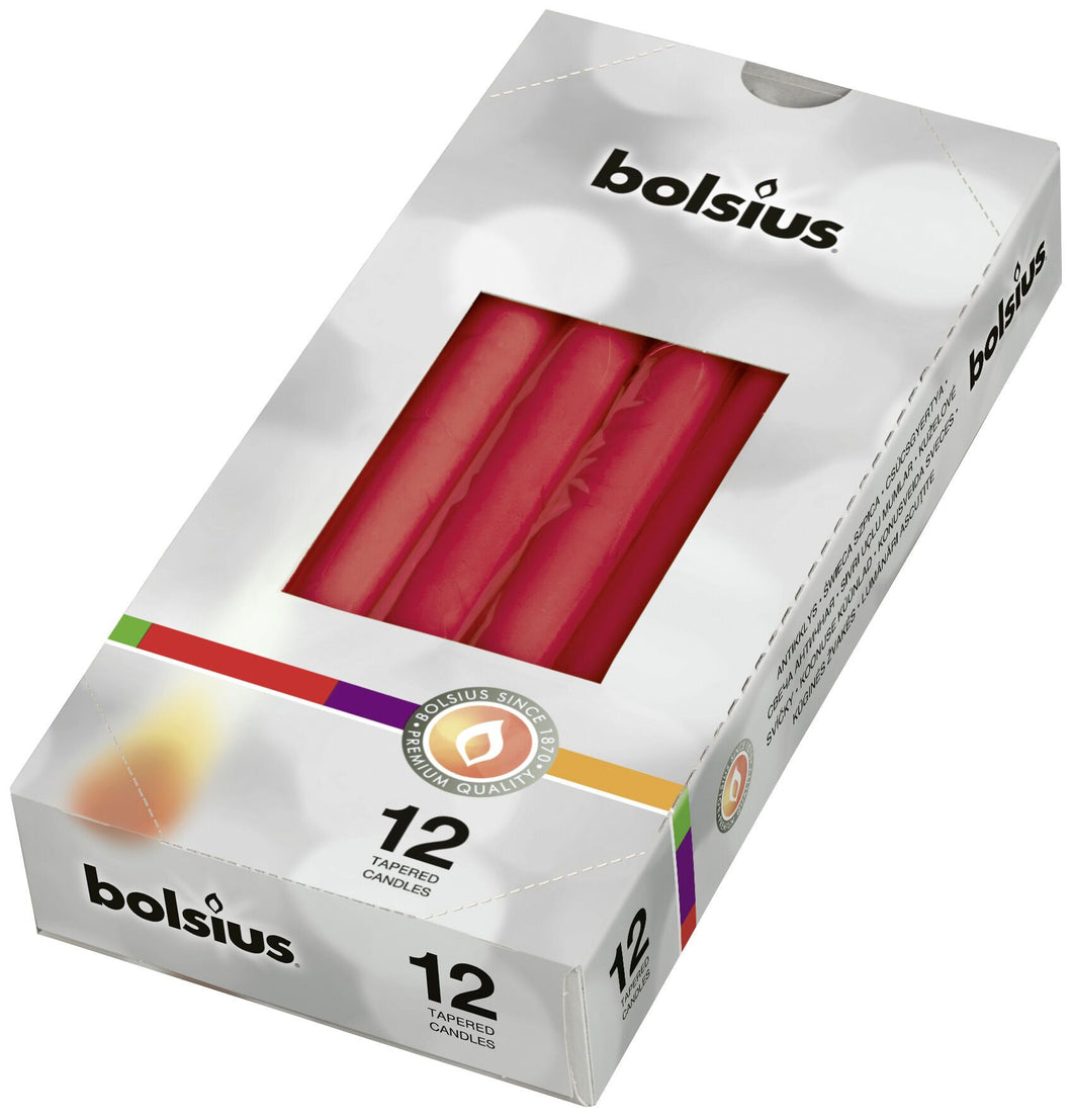 Bolsius Tapered Candles Individually Wrapped in Cello, 24.5 x 2.4cm - Red, per Piece or Box of 12