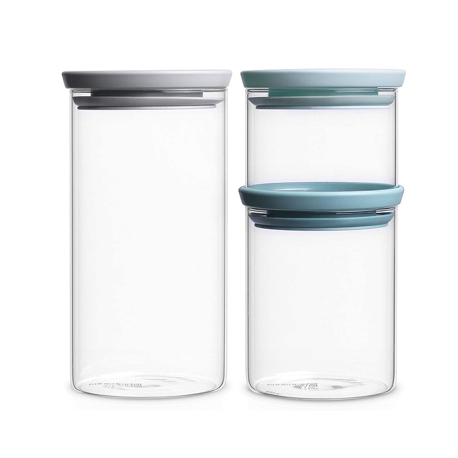 Brabantia Stackable Glass Jars Set of 3 - 0.3, 0.6 & 1.1L, Different Color Lids