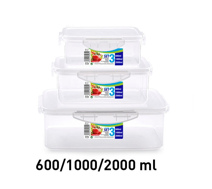 Plastic Forte Set of 3 Rectangular Food Containers  600ml, 1L, 2L, Transparent