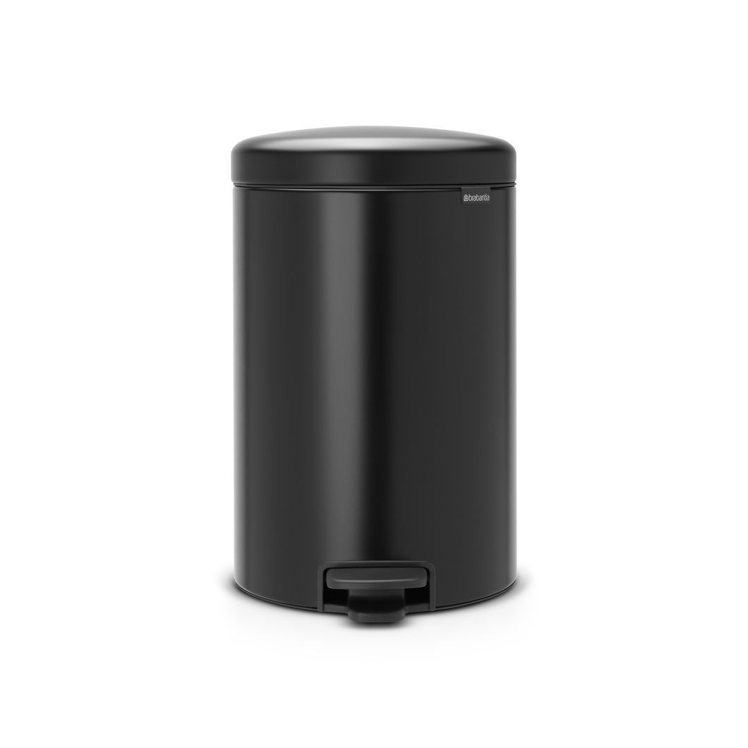 Brabantia New Icon Pedal Bin, 20 Liters - Matt Black, front view.