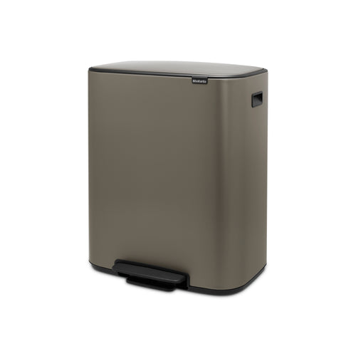 Brabantia Bo Pedal Bin - 60 Liters, Platinum, angled view.