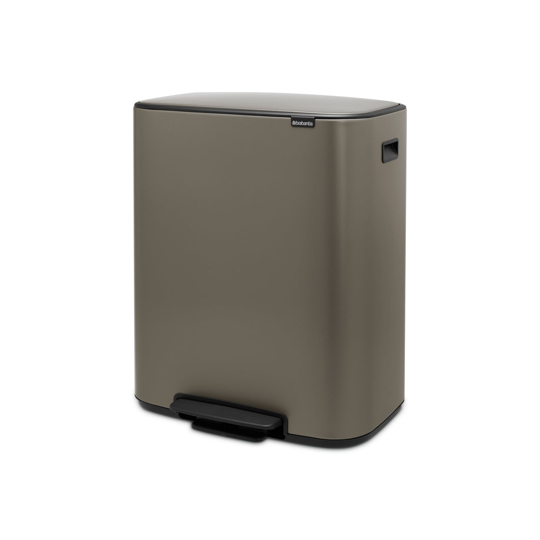 Brabantia Bo Pedal Bin - 60 Liters, Platinum, angled view.