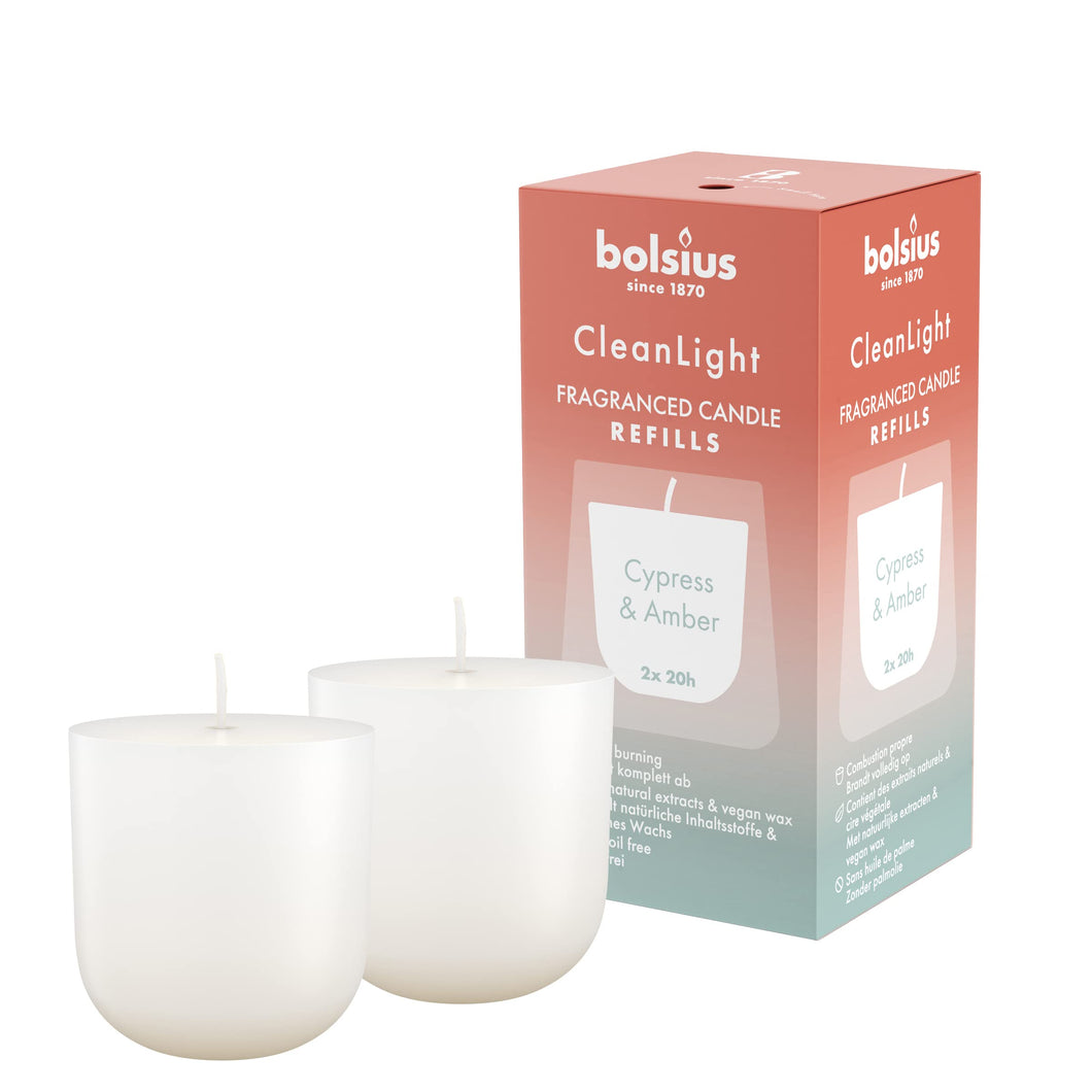 Bolsius CleanLight Fragranced Refill Candles, Pack of 2 - Cypress & Amber
