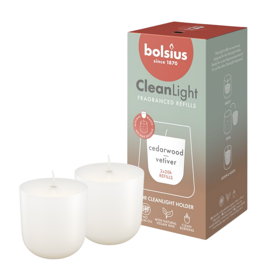 Bolsius CleanLight Fragranced Refill Candles, Pack of 2 - Cedarwood & Vetivier