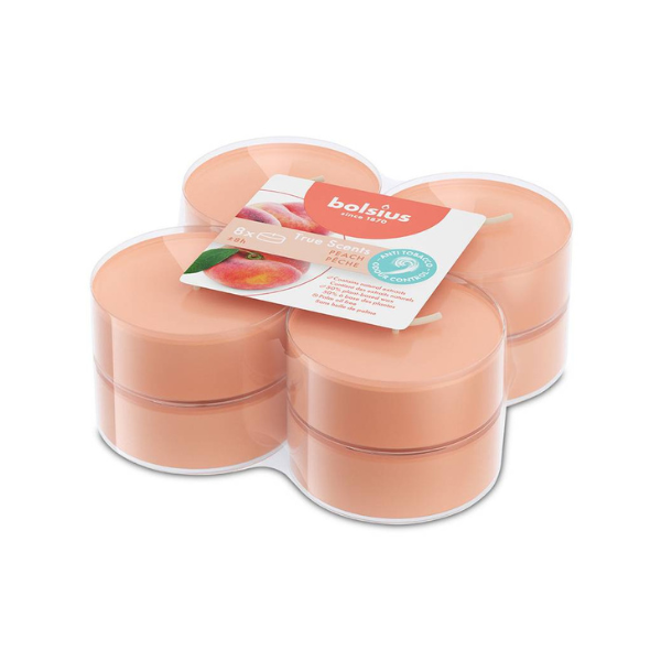 Bolsius True Scents Anti-Tobacco Peach Maxi-Light Candles with Clear Cups, Scented - Pack of 8